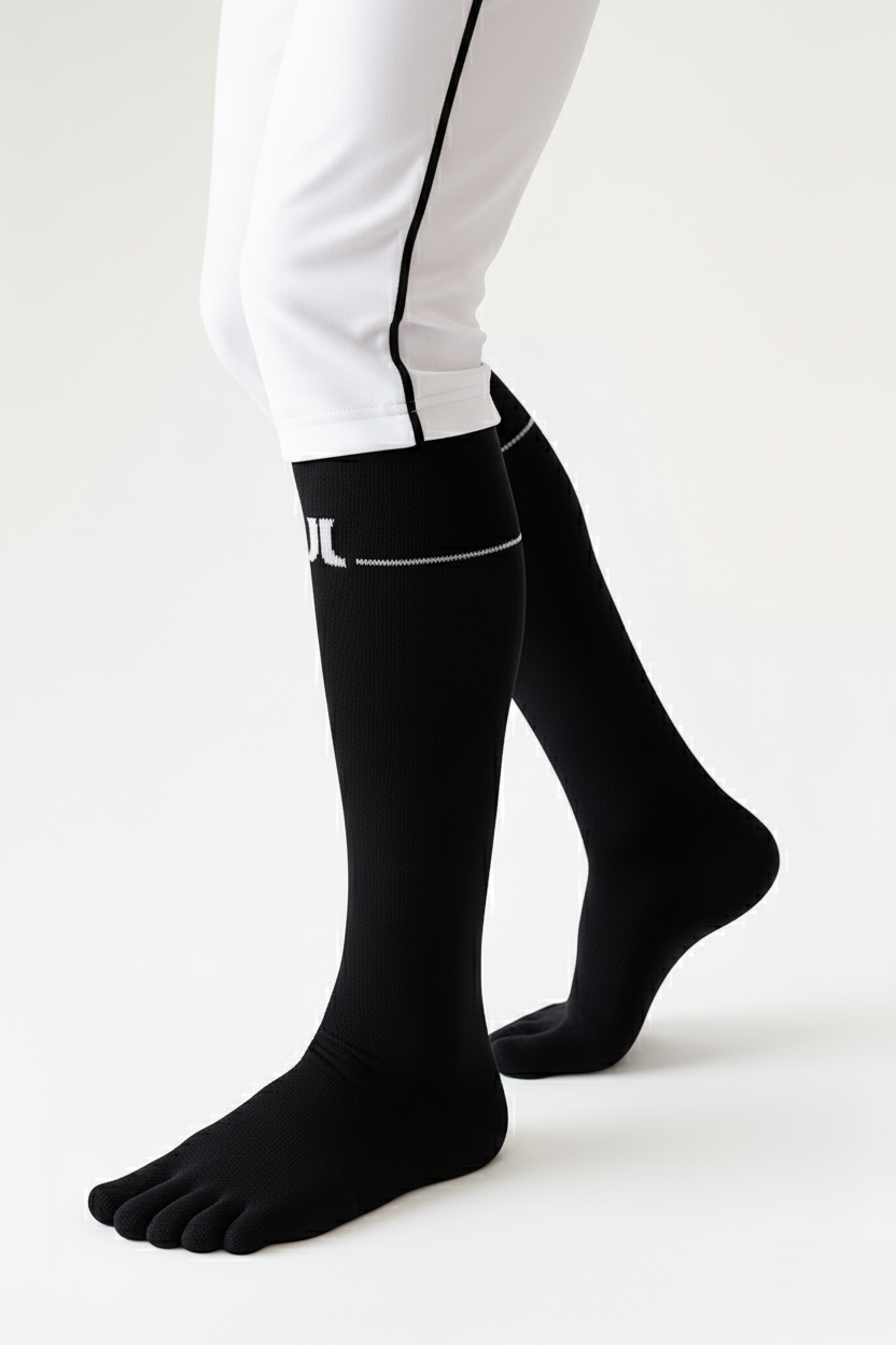 Black knee-high socks with a brand logo on a white background