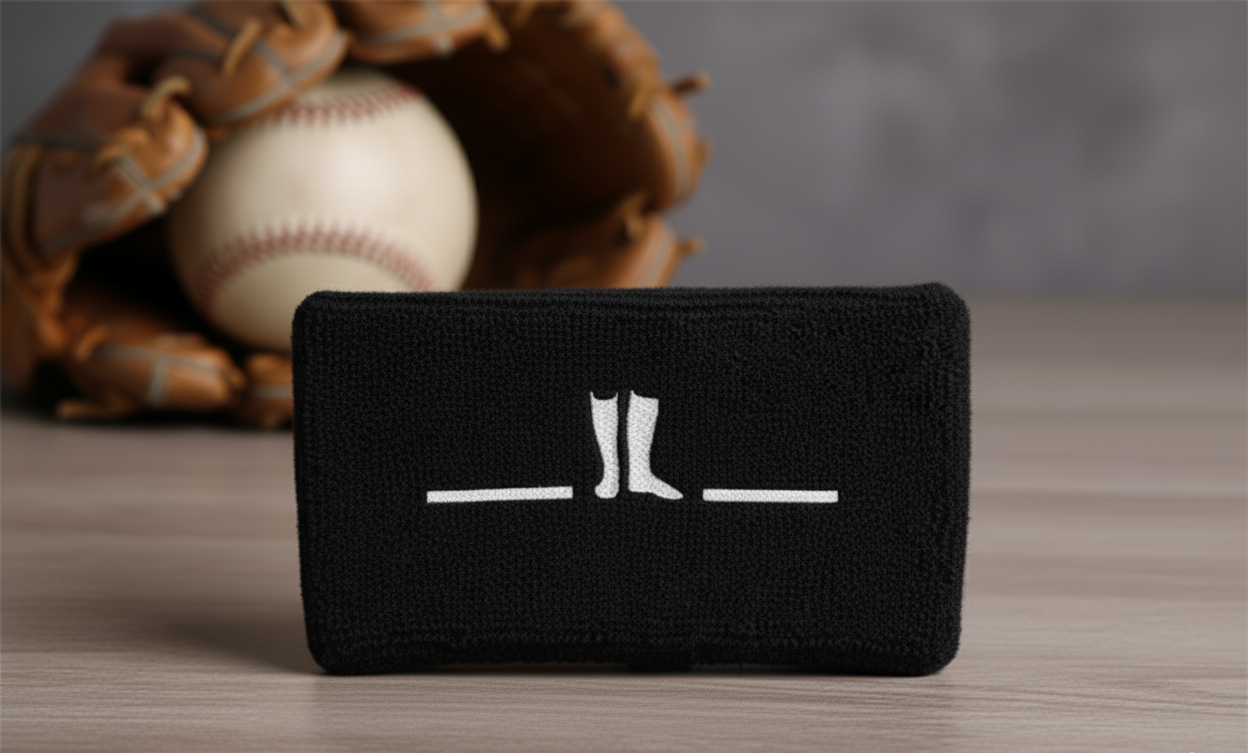 Black wristband with a logo on a wooden surface with a baseball and glove in the background.